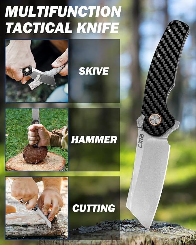 CJRB Crag Tactical Knife,Cleaver Pocket Folding Knife with Stonewash AR-RPM9 Steel Blade and Carbon Fiber Handle for Men Outdoor, Survival, Camping and EDC Black (J1904R)