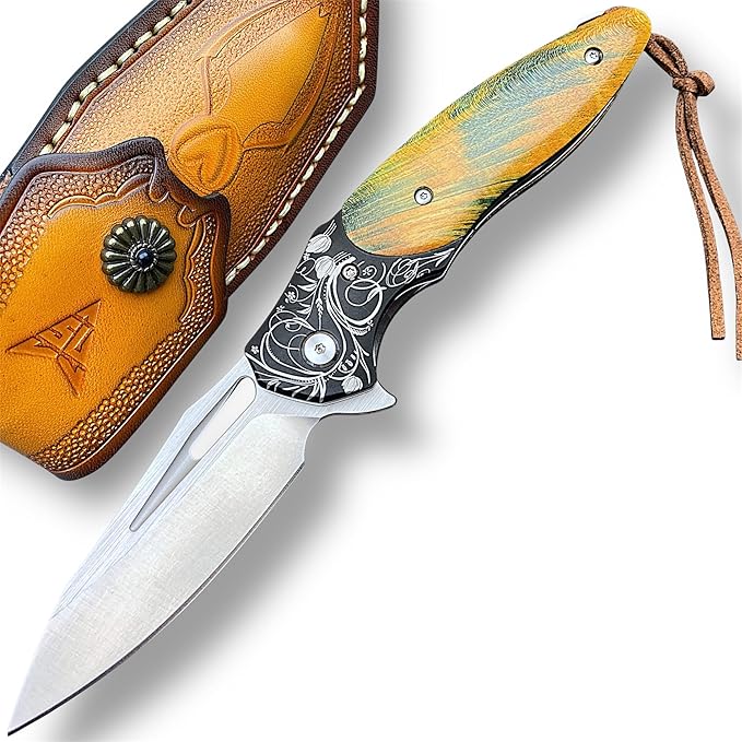 TACTICAL GEARZ Premium EDC Folding Pocket Knife, ASP30 Steel Drop Point Blade, Ball Bearing Pivot, Solidified Wood Handle, Includes Premium Leather Sheath (Narsil)