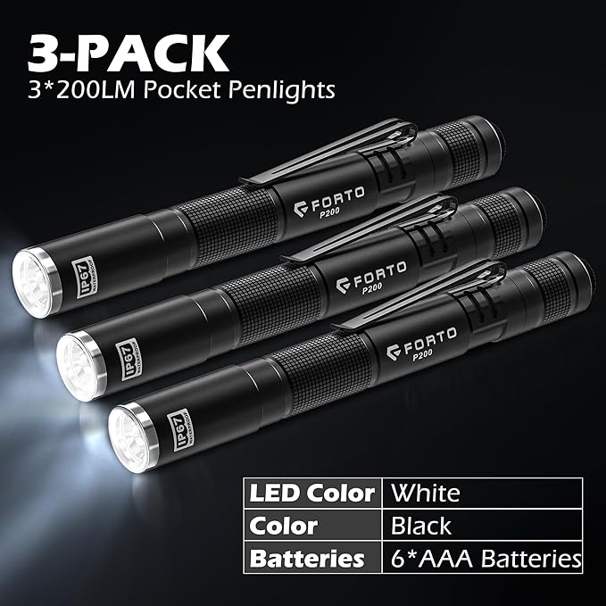 FORTO LED Pen Light, 200 Lumens Pocket Flashlight, IP67 Waterproof, 2 Modes, 2 Pack with AAA Batteries, Lightweight & Durable for Inspection, Medical Use, Emergency(3-Pack Black)