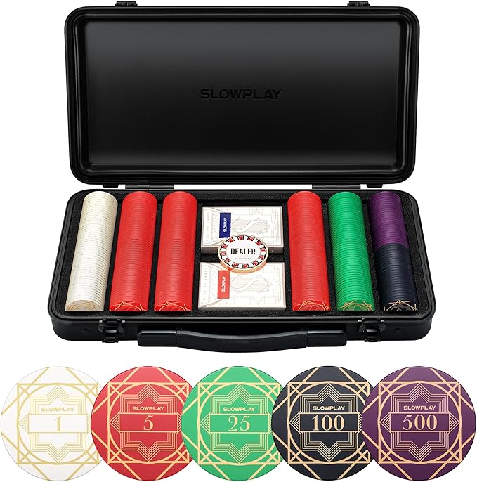 SLOWPLAY Nash Ceramic Poker Chips Set for Texas Hold'em, 300 PCS [with Numbered Values], 39mm & 10g Each | Features a High-end Chip case with Extra Durable German Polycarbonate Shell