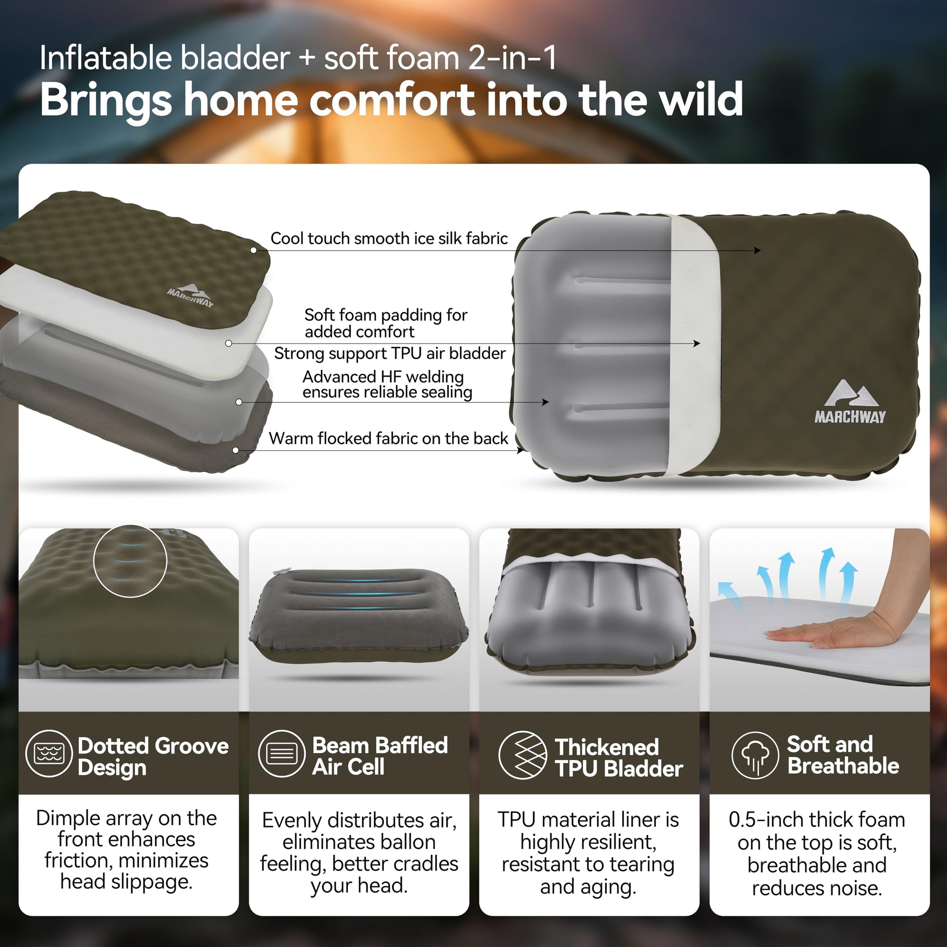 MARCHWAY Inflatable Camping Pillow with Soft Foam Top & TPU Air Bladder, Dual-Sided Support for