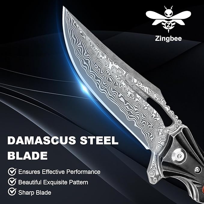 Damascus Pocket Knife for Men Women, Wood Handle Folding Knife with Sheath, 3.15" Damascus Steel Blade Pocket Knives for Outdoor