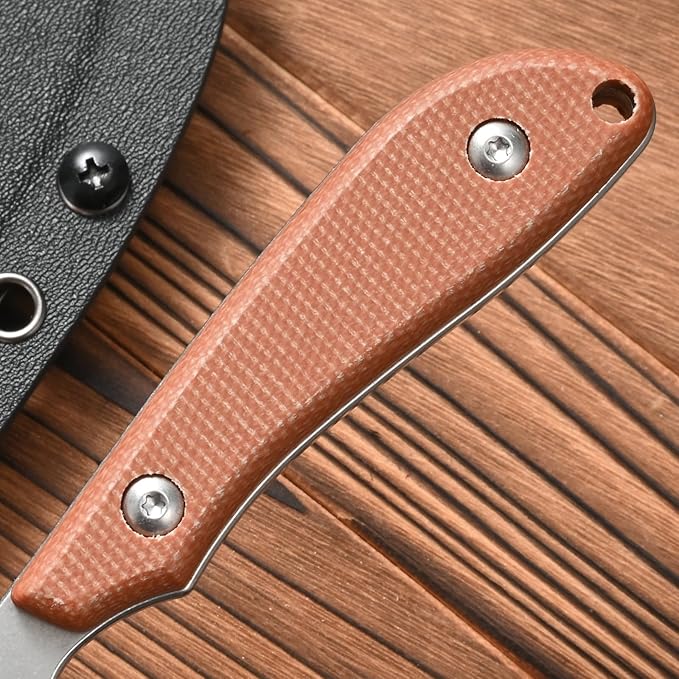 FF101 Micarta Handle Fixed Blade Knife, AUS-10 Steel Blade Full Tang Knife with Sheath for Outdoor Camping Hunting Fishing Working (Brown)