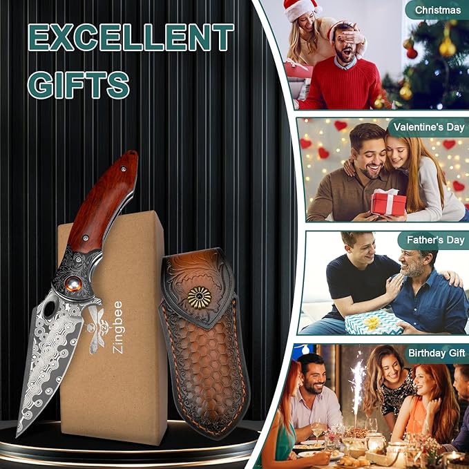 Damascus Pocket Knife, 3.27??Damascus Blade EDC Folding Knives with Guibourtia Wooden Handle, Christmas Ideal for Utility Gift