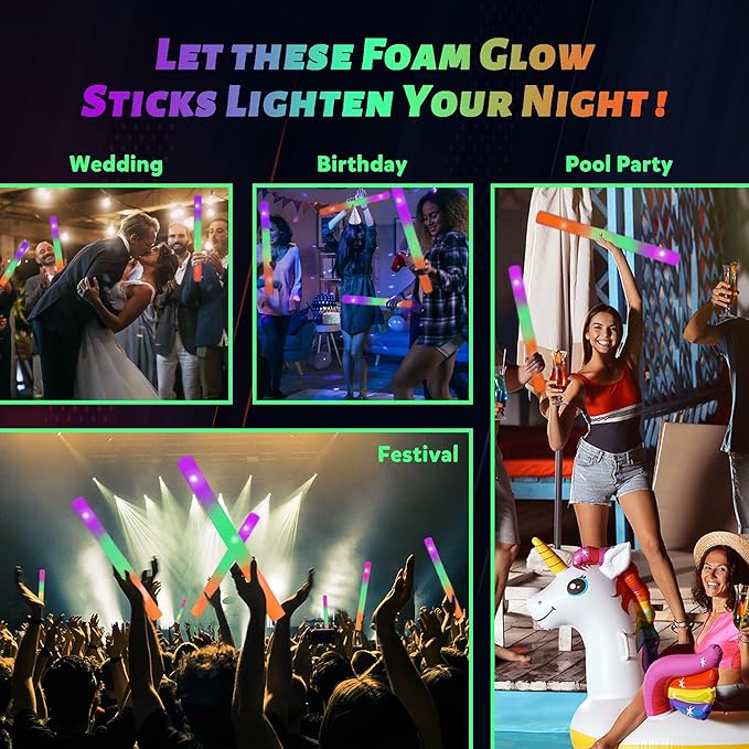 32 Packs 16 inch Foam Glow Sticks Bulk, 3 Color LED Light Foam Sticks, Glow in The Dark Party Supplies, 3 Modes Colorful Flashing for Birthday Halloween Thanksgiving Xmas Party Wedding