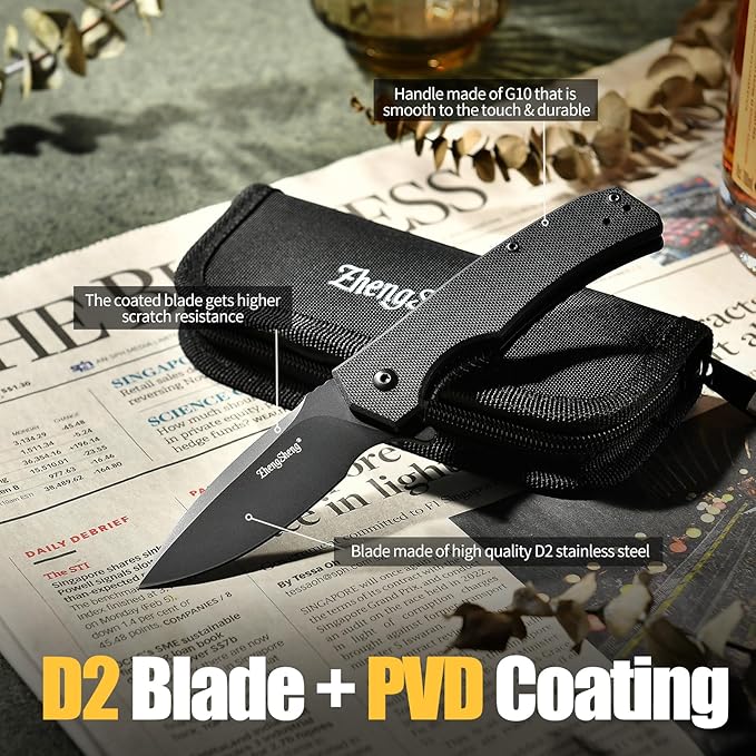 Praxis Pocket Knife, 2.9" D2 Steel Folding Knife with G10 Handle PVD Titanium Coating Blade Lightweight for every day carry.