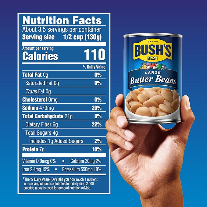 BUSH'S BEST 16 oz Canned Large Butter Beans, Source of Plant Based Protein and Fiber, Low Fat, Gluten Free, (Pack of 12)