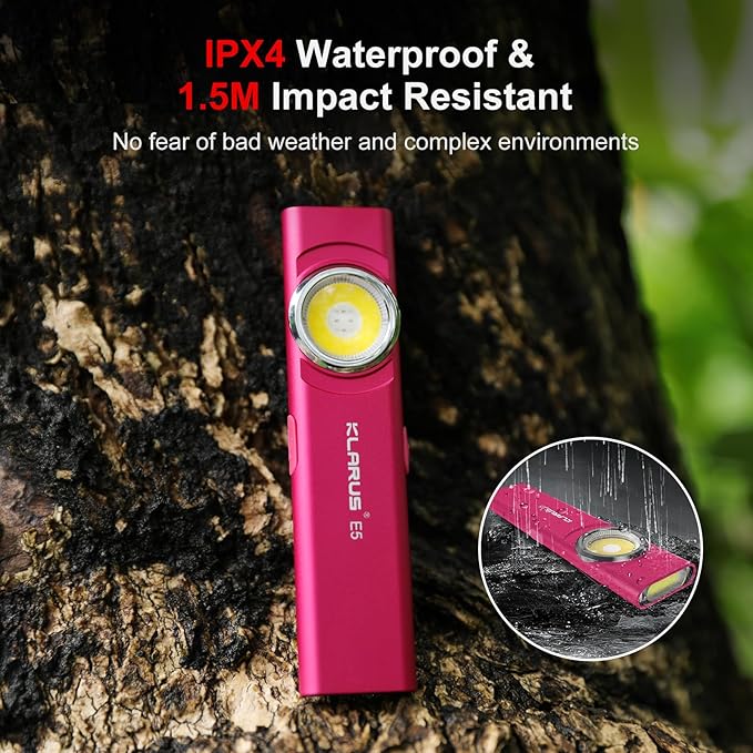klarus E5 Pocket Flashlight, Rechargeable EDC Flashlight, Super Slim 4.2x1x0.3inch, 600 Lumens, USB-C Port, IPX4, Dual Light Source with Magnetic Base, Hat & Clothes Clip - Red