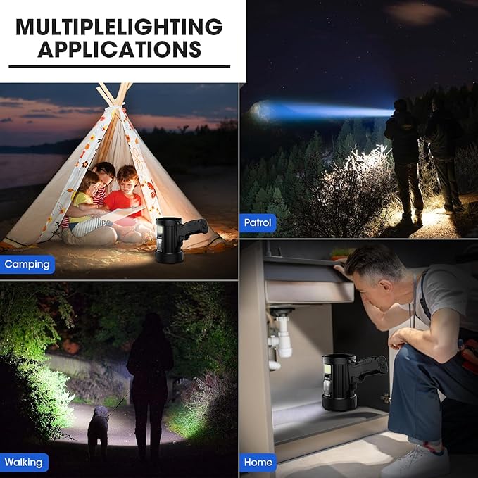 Rechargeable Spotlight, 99,000 Lumens Super Bright Handheld Led Flashlight, Outdoor Spot Light with Cob Light and Solar Panelsfor Boating Camping
