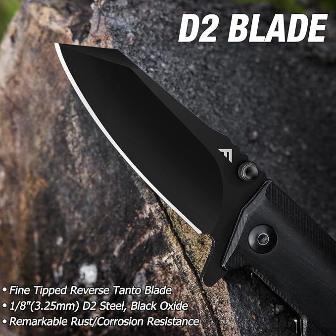 FLISSA Small Pocket Knife, 2-3/4" D2 Steel Blade, EDC Folding Knives, Ebony Wood Handle with Clip, Mini Knife with Liner Lock for Everyday Carry Camping Survival Hiking, Great Gifts for Dad