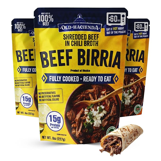 Old Hacienda Beef Birria | 100% Shredded Beef in Chili Broth | Fully Cooked & Ready to Eat | 15g Protein | No Preservatives, Artificial Flavors or Colors | BPA Free Pouch | Pack of 3-8 oz