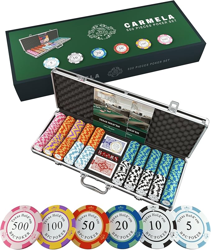 Bullets Poker Set, 2 Plastic Card, Dice, Dealer Button, Manual & Travel Case ??with Case for Texas Hold?™em, Casino Games, & Prominence ??Ideal Poker Set with Chips and Cards, 500 Clay 'Carmela' Chips.
