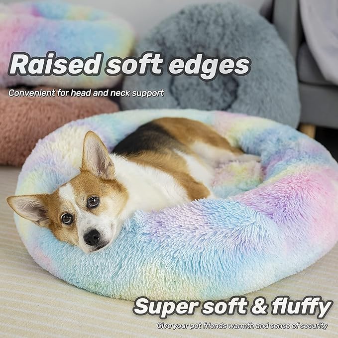 Anti Anxiety Round Fluffy Plush Faux Fur Warm Washable Dog Bed & Cat Bed, Original Bed for Small Medium Large Pets,Used to Relieve Joints and Improve Sleep（20"/24"/27''） (27", Rainbow)