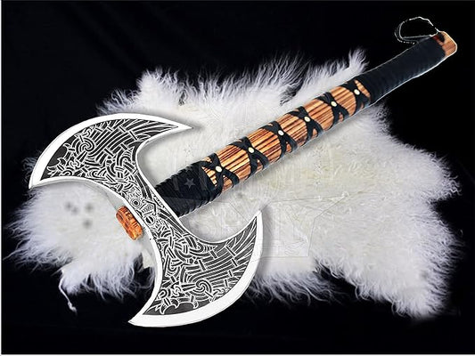 SHINY CRAFTS- Camping Axe Tomahawk Viking Bearded Axe Christmas gifts-27 Long Odin's Double Edge Head Viking Axe Twin Blade Axe with Ash Wood Handle with Genuine Leather Sheath (VBA-0013)