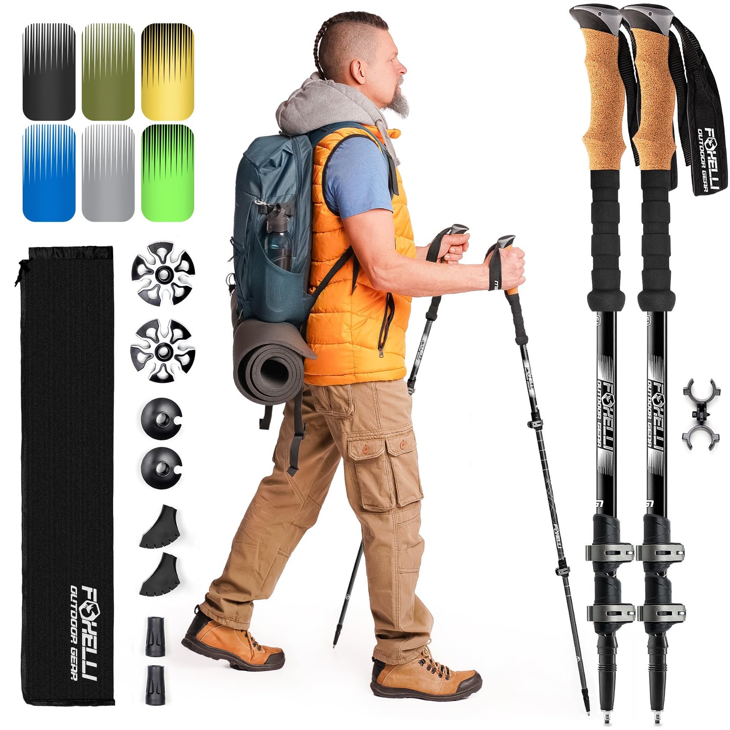 Foxelli Trekking Poles – Lightweight Collapsible Aircraft Grade Aluminum Hiking Poles with Cork