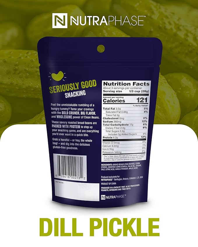 Clean Beans Broad Fava Beans Snack - Dill Pickle Flavor, 6g Protein, Low Sugar, Non-GMO, Non-Gluten - On The Go Office Snack - Nutraphase, 85g x 6-Count