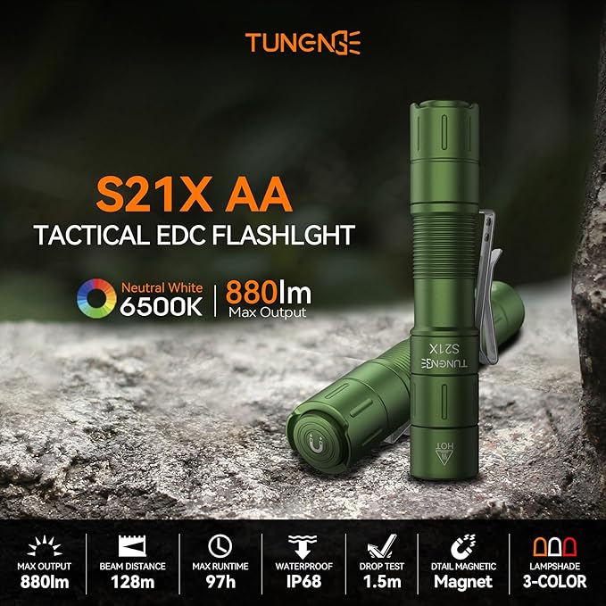 S21X Mini EDC Flashlight Rechargeable with Clip, 880 Lumens Super Bright AA Pocket Flashlight, Tactical Tail Switch & Magnet, 5 Mode Compact Light for Emergency, Outdoor, Camping(Green)