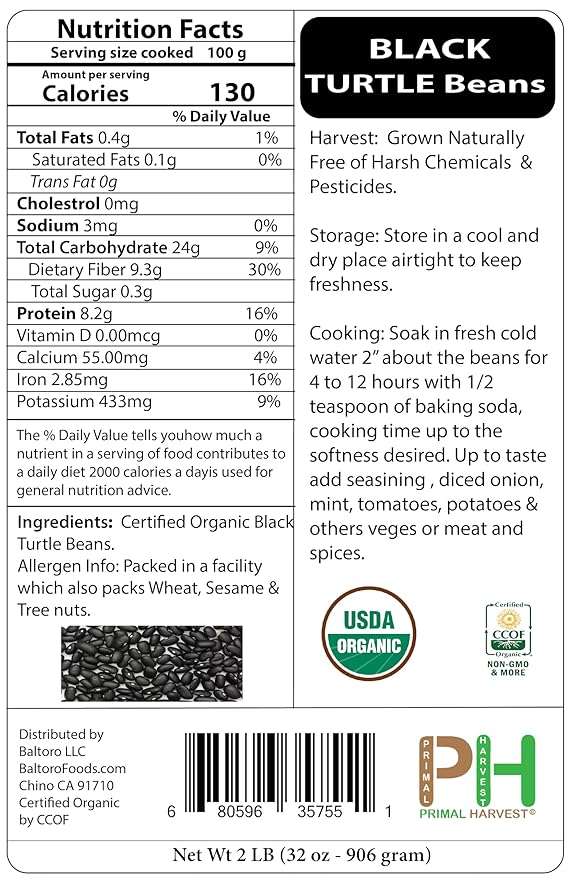 Organic Black Turtle Beans- Fiber & Protein rich, Raw, Non-GMO, Vegan Bulk-9LB