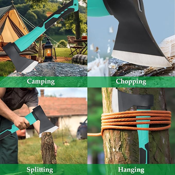 Wood Axe with Sheath, Camping Hatchet for Wood Splitting, Outdoor Bushcraft Axe Tools for Hiking Gardening, Anti-Slip Handle (Green)