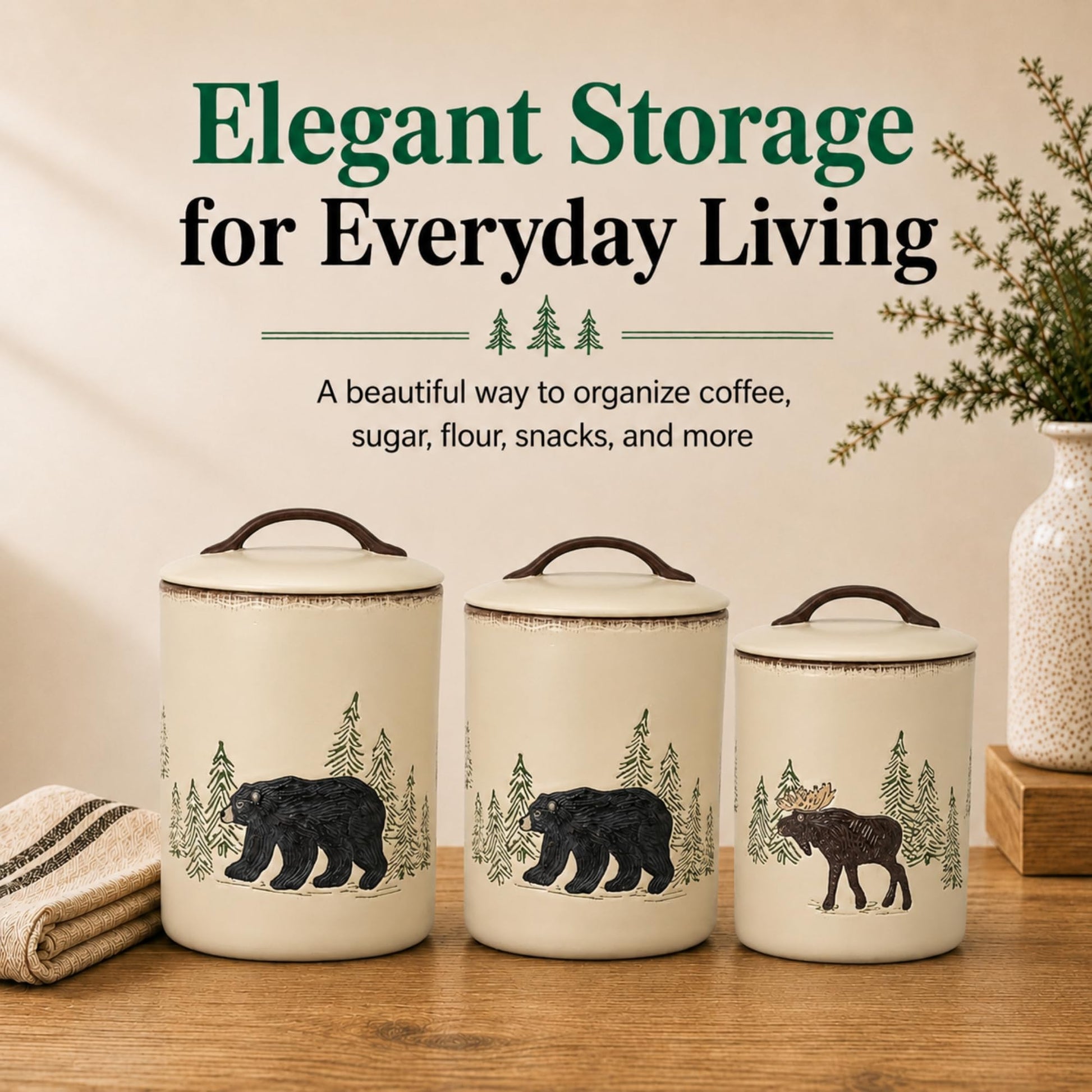 Park Designs Stoneware Rustic Retreat 3 Piece Canister Set | Farmhouse Rustic Countertop Storage |