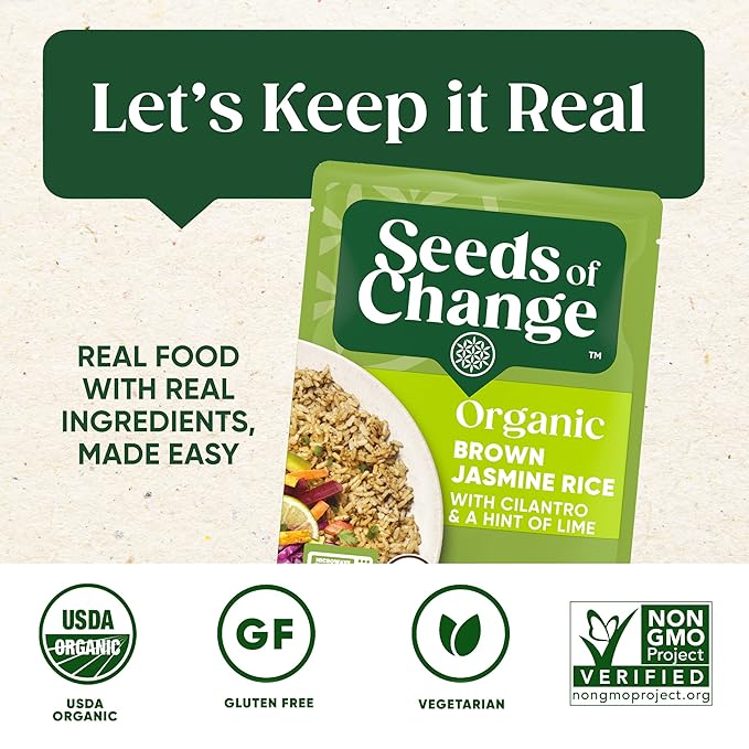 SEEDS OF CHANGE Organic Brown Jasmine Rice with Cilantro Lime, Organic Food, 8.5 oz Pouch (Pack of 12)