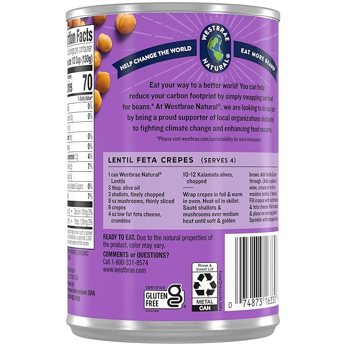 WESTBRAE 15 oz Natural Organic Lentil Beans, No Salt Added, Source of Plant Based Protein and Fiber, Low Fat, Gluten Free, (Pack of 12)