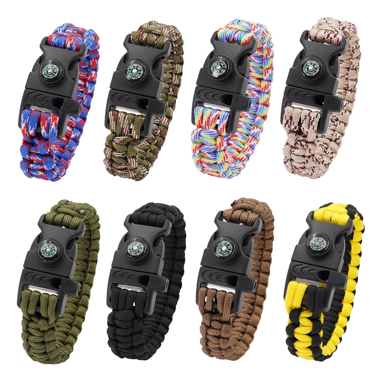 RLXMARTD 8 Pack Emergency Survival Bracelet with Whistle and Compass,Survival Kit,Wildness