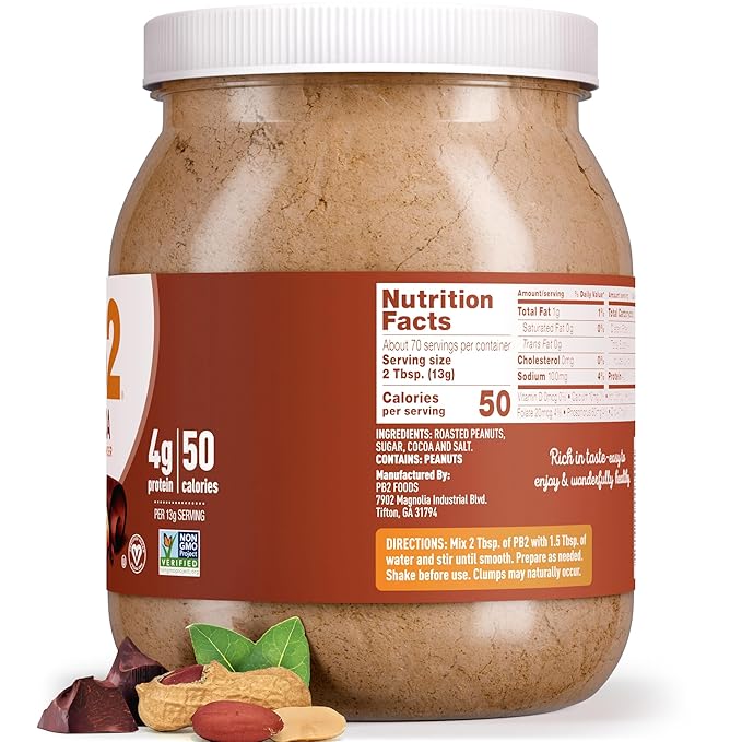 PB2 Powdered Chocolate Peanut Butter with Cocoa | 2lb Jar | 4g of Protein, 90% Less Fat, Certified Gluten Free, Only 50 Calories per Serving for Shakes, Smoothies, Low-Carb, Keto Diets