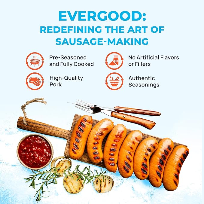 Evergood Sausage Variety Bundle - 12 Packs, Gourmet Pork & Beef Sausages, 6 Flavors: Garlic, Pineapple, Hot Link, Mild, Polish, Beef Frankfurter, Naturally Smoked, Grill-Ready, Fully Cooked