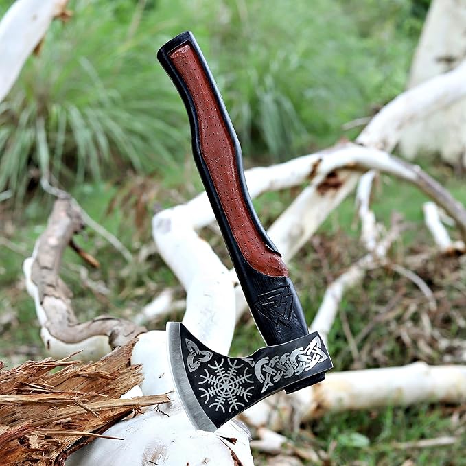 Viking Axe | 18" Carbon Steel Throwing Hatchet with Ash Wood Handle & Leather Sheath | Etched Norse Design, Functional & Collectible Gift(WCA-001)