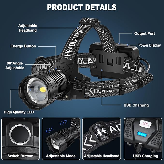 Rechargeable Headlamp, 3000 Lumens LED Head Lamp with 3 Light Modes, USB Rechargeable, 90°Adjustable, Waterproof, Super Bright Headlamps for Adults Camping Running Biking (?ATTERY Included)