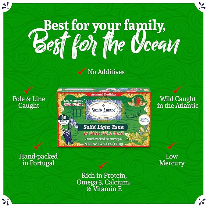 Santo Amaro - Artisanal Wild Tuna Fillets in Olive Oil & Basil, Pole & Line Wild Caught Tuna from Portugal Hand-Packed Venice-Style! Canned Tuna Fish, 22g Protein, Paleo, Keto, Low Mercury, Pack of 6