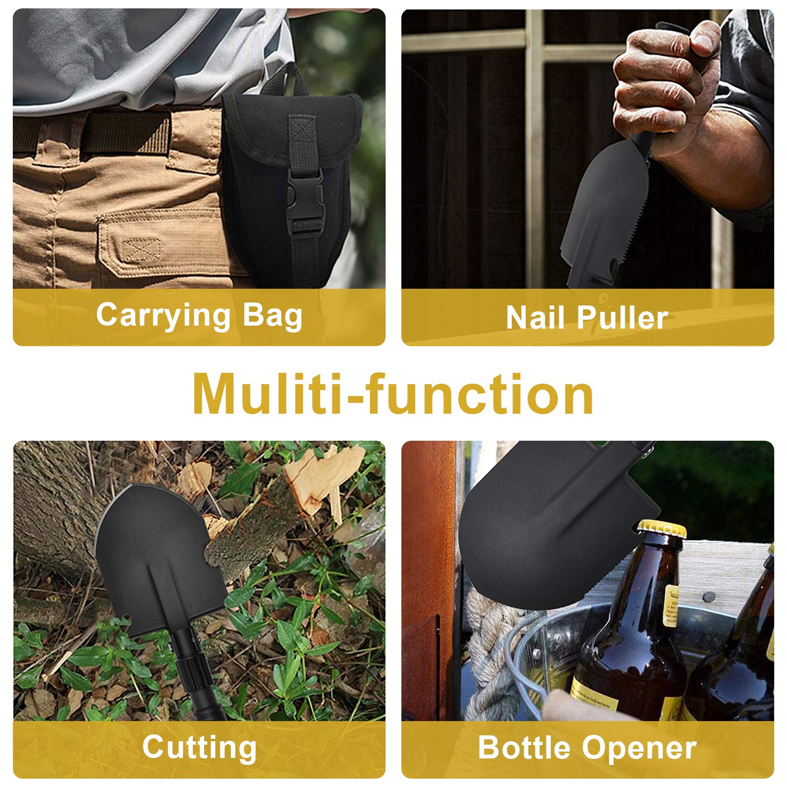 Yeacool Camping Shovel, (24.21'') Survival Off Road E Tool Folding Shovel with Pickaxe, Portable