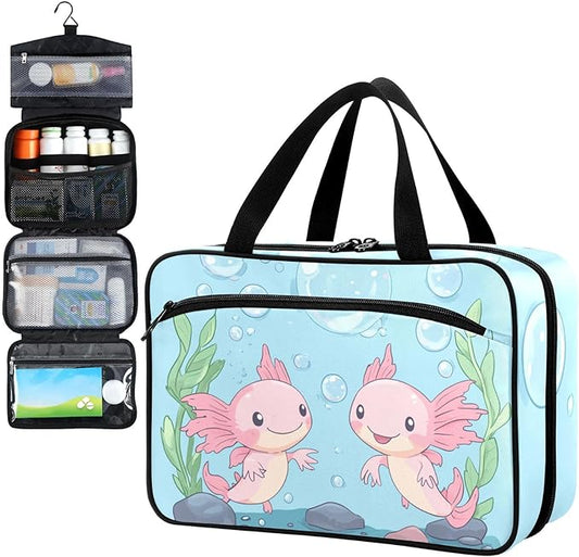 Fustylead Cute Pink Axolotl and Seaweed Bubbles Pill Organizer Bag Large Medicine Travel Carrying Case with Zipper for Vitamin Supplements Fish Oil, Empty First Aid Kit for Hiking Camping