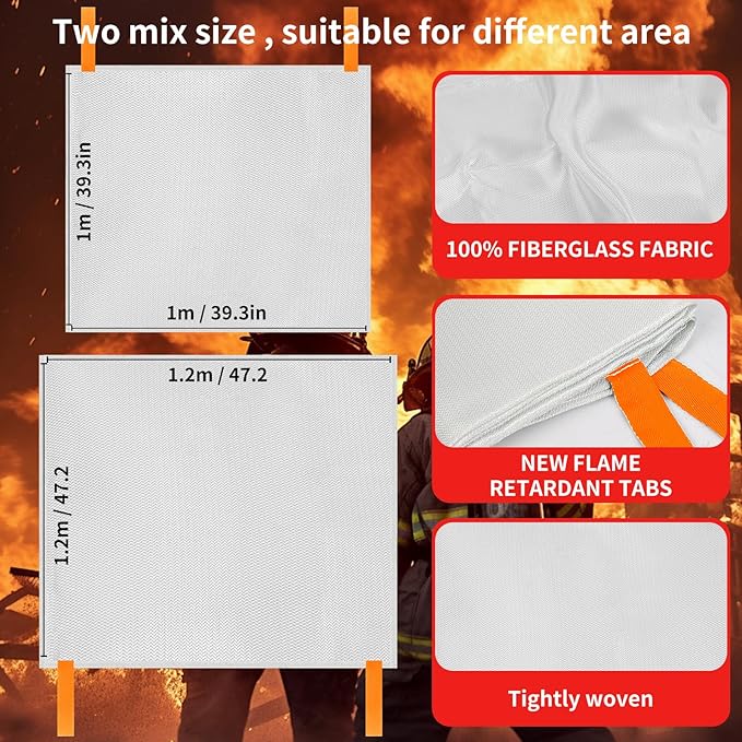 Home Safety Emergency Fire Blankets, (47.2 * 47.2/39.3 * 39.3??Two Mix Size) 4PACK Fire Blanket for Kitchen, Fireproof Fiberglass Fire Safety Blanket, Camping, Grill, Car, Warehous.