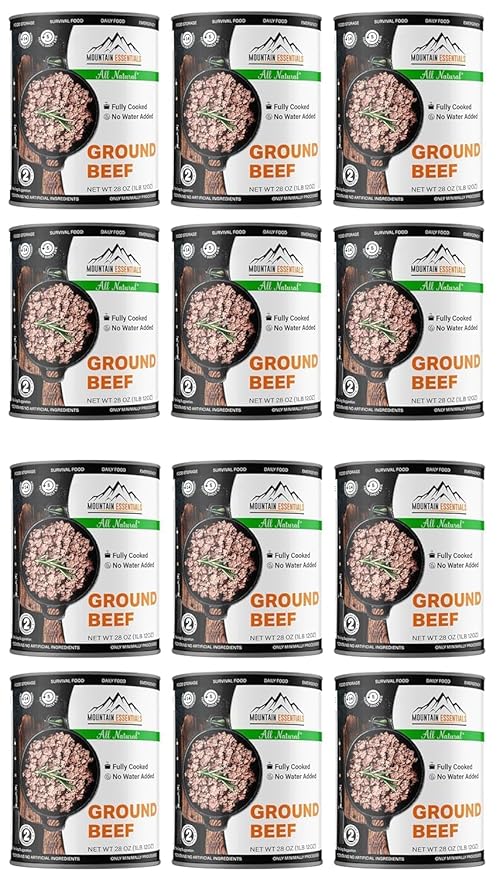 MOUNTAIN ESSENTIALS All Natural Canned Ground Beef 28 Oz Fully Cooked, Ready to Eat Hamburger Meat – Pantry Staple for Everyday Meals, Emergency & Survival – 5-Year Shelf Life – Made in USA – 12 Pack