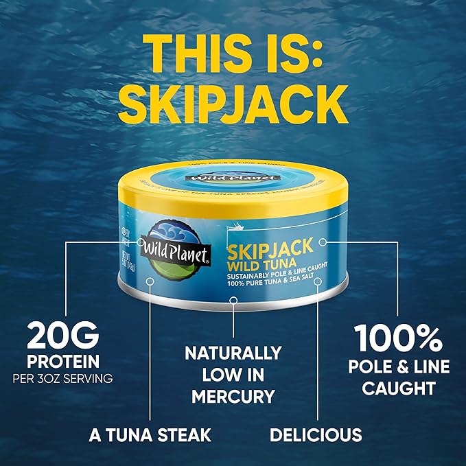 Wild Planet Skipjack Wild Tuna, Sea Salt, Canned Tuna, Pole & Line Sustainably Wild-Caught, Non-GMO, Kosher, 5 Ounce Can (Pack of 12)