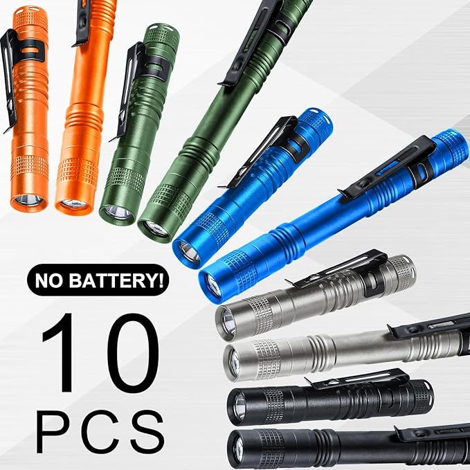 Hortsun 10 Pcs Mini Flashlight Bulk LED Pen with Pocket Small Flashlight with Clip for Outdoor Father's Day Gift for Men(3.54 Inch, 5.12 Inch,Black, Green, Grey, Blue, Orange)