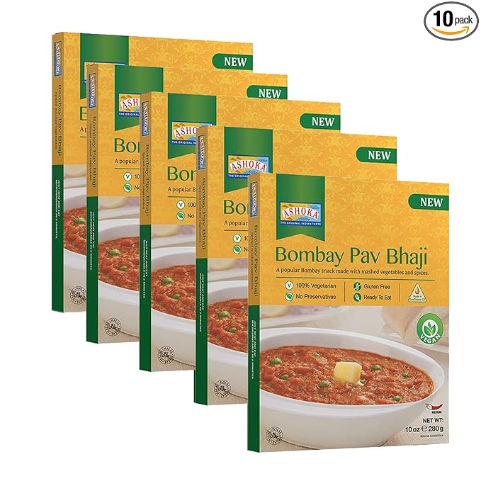 Ashoka Traditional Meals 1932, Vegan Mashed Vegetable Instant Curry, All-Natural, Ready to Eat Microwavable Meals, Bombay Pav Bhaji, Kosher Certified, Great for Hiking, No Preservatives, Pack of 10