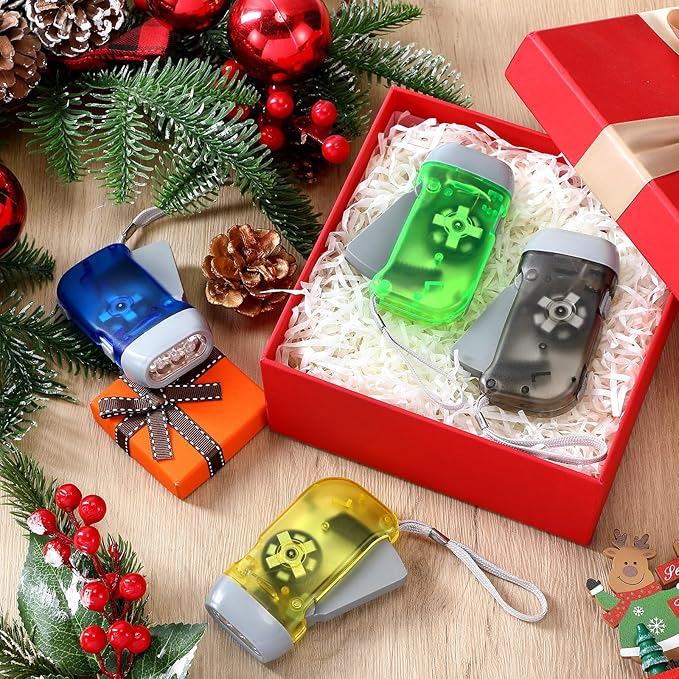 Treela 60 Pack Hand Crank Flashlight Operation Christmas Items Bulk Squeeze Flashlight No Battery Required Torchlight 3 LED Self Powered Charging(Blue, Grey, Yellow, Green)