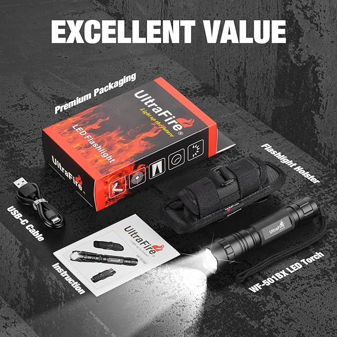 ULTRAFIRE Tactical Flashlight with Holster for Duty Belt, 1000 High Lumen Police Flashlight with Belt Holster, Rechargeable Law Enforcement Flashlight, 3 Modes Security Flashlights WF-501BX