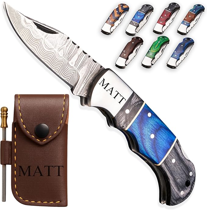 Personalized Folding Knife, Damascus Black Blue Pocket Knife, Gift for Boyfriend, Husband, Dad, Son, Groomsman, Unique Folding Blade, Birthday or Anniversary Present, Christmas Gift