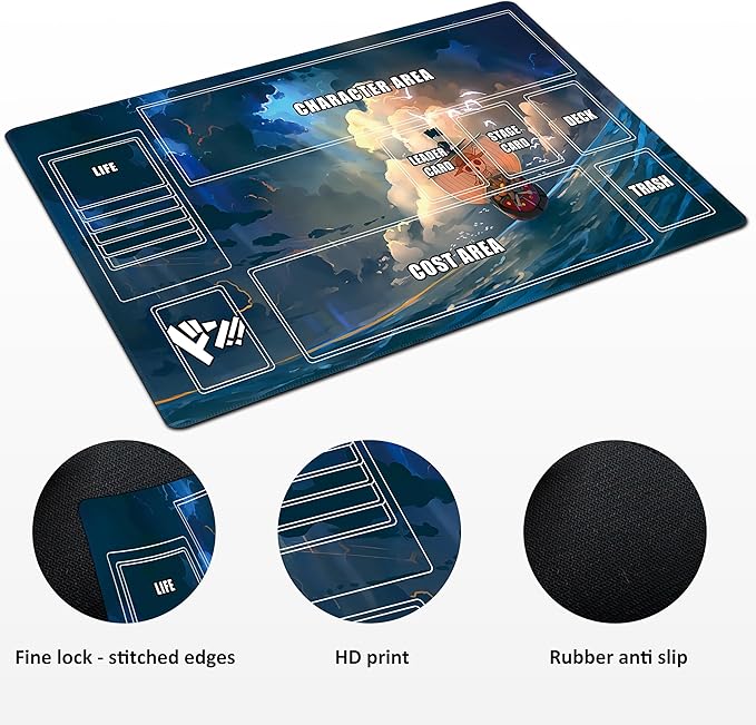 Playmat for One Piece Card Game (24x14 Inches): with Non-Slip Rubber, Zones Design, a Professional Storage Bag Included, Plus a Limited-Time Gift of a Set of 20 Damage Counters (Wave Boat)