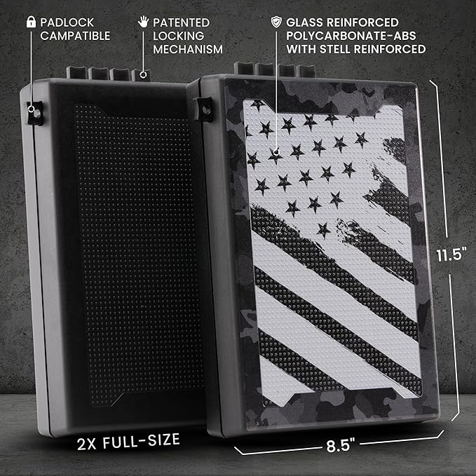 STOPBOX Gun Safe Alternative - Tactical Handgun Storage, Instant Access Portable Gun Case, TSA Compliant Gun Lock Box for Quick Handgun Access | FLAG CAMO + BLACK (2 Pack) | Full-Size Only