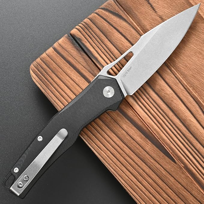 FF21 Folding Pocket Knife,VG10 Steel Blade G10 Handle Full Tang Knife for Outdoor Activities Camping Hunting Fishing(Black)