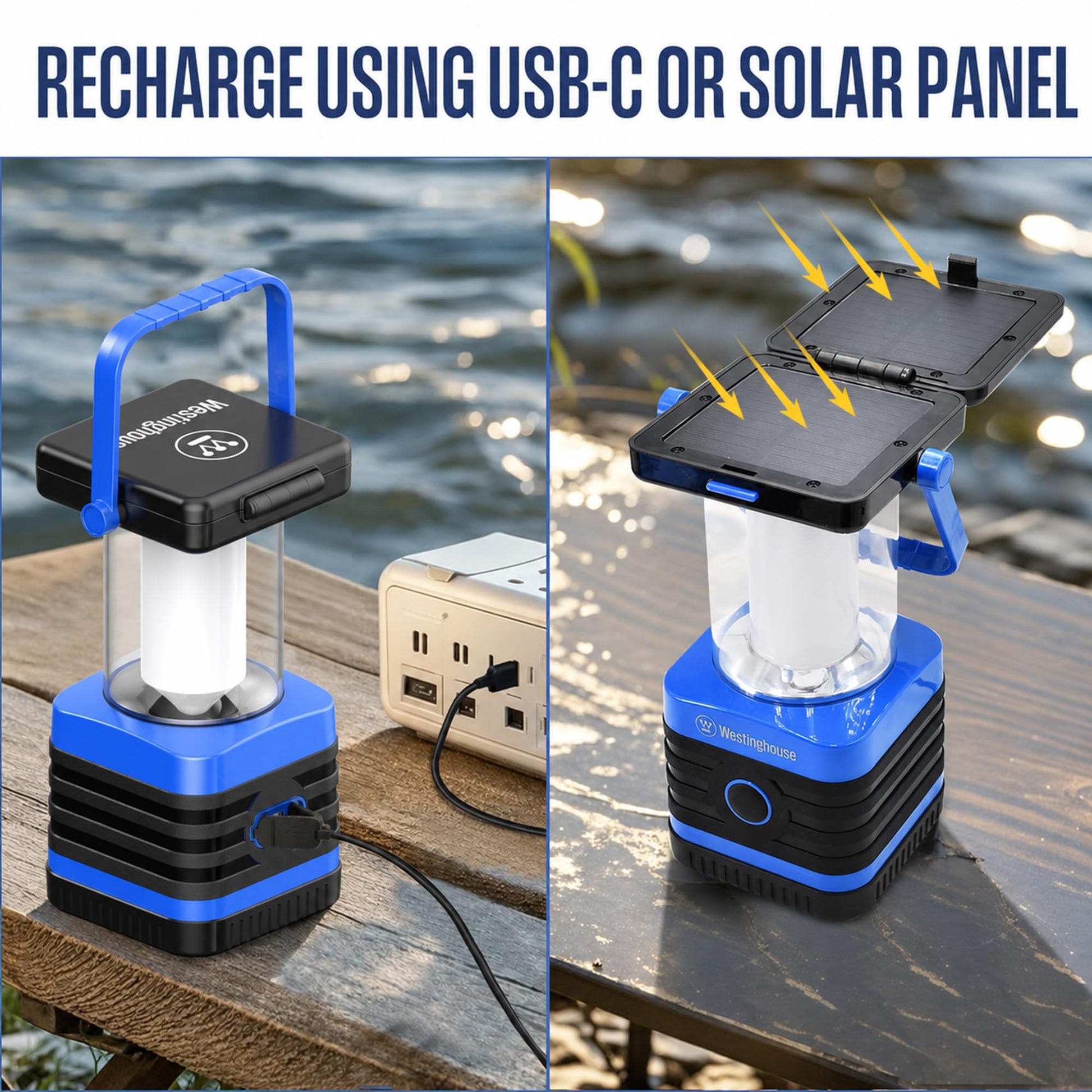 Solar Rechargeable Camping Lantern, 1000 Lumen LED Lantern, 5 Lighting Modes, IPX4 Water Resistant