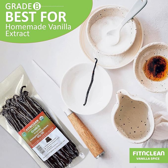 50 Madagascar Organic Vanilla Beans Grade B. Certified USDA Organic. 5"-7" by FITNCLEAN VANILLA for extract, Cooking and Baking. Whole NON-GMO Bourbon Pods