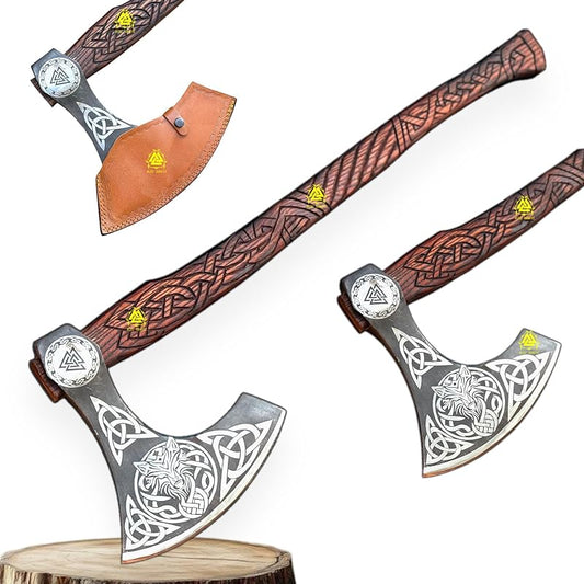 / Two Handed Berserker Axe, Hand Forged Steel Axe, Norse Battle Axe, Scandinavian Style Viking Axe,Viking Bearded Tactical,Functional Viking Battle Bushcraft Axe, History of Viking (Special Edition Axe)
