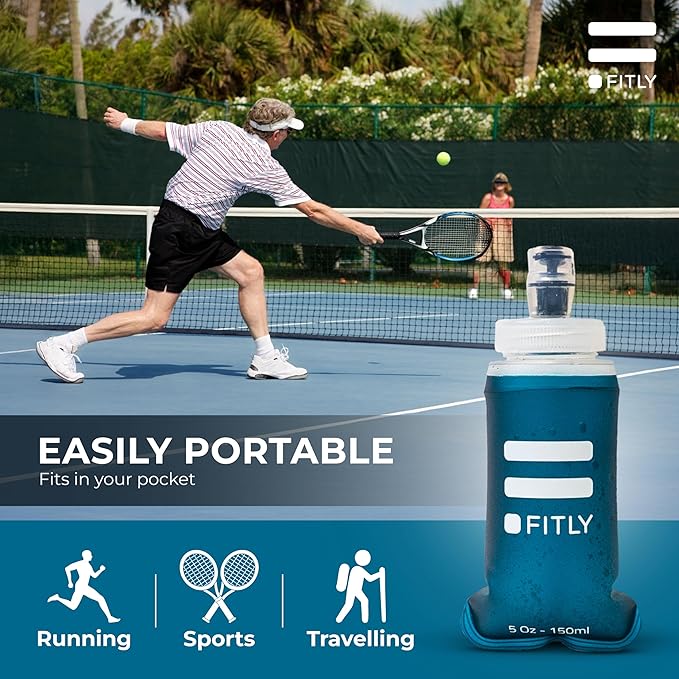 Premium Soft Flask - 5 oz (150 ml) - Shrink As You Drink Pocket Soft Water Bottle for Hydration Pack/Running Vest - Folding Water Bottle for Running, Hiking, Cycling - Ski Water Bottles - Petrol Blue
