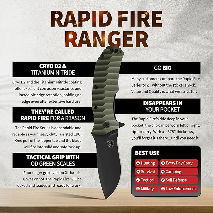 Off-Grid Knives - Rapid Fire Ranger, Camping & Hunting Knife, Cryo D2 Blade Steel with Olive Drab G10 Scales, Deep Clip, Left or Right Carry, Survival, Hiking, Fishing, Boating, Bushcraft